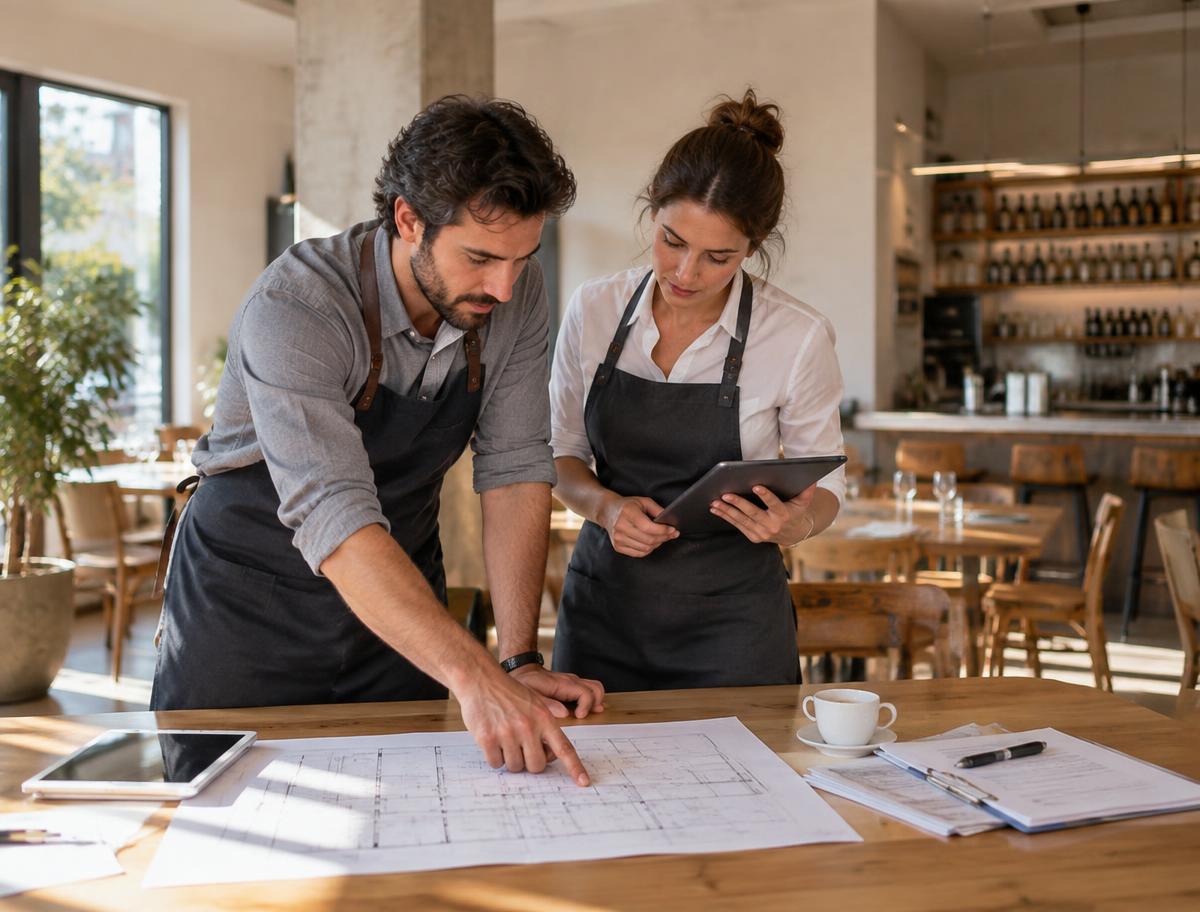 Two hospitality operators reviewing fit-out plans in a new venue